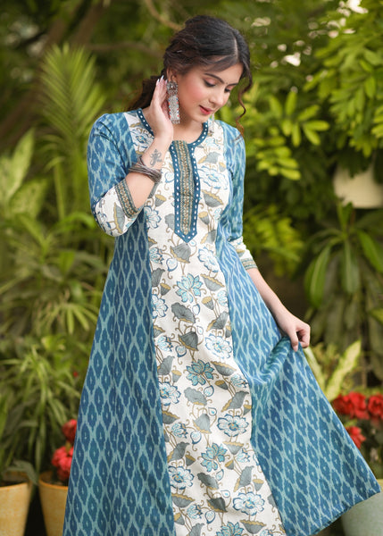 White Bougainvillea Cotton Printed Salwar Suit With Embroidery and Lac